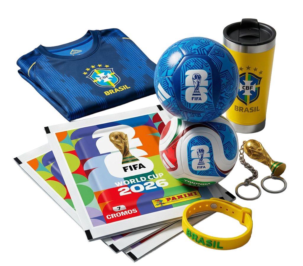 Kit de prêmios Copa do Mundo 2026 — camiseta, bola, copo, figurinhas e pulseira Brasil